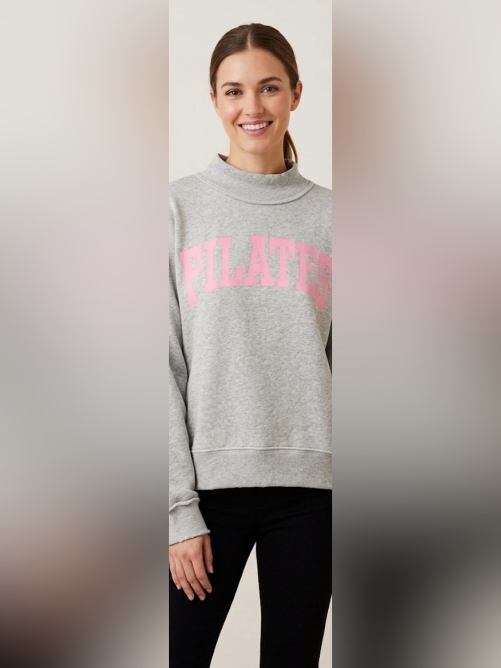 BUCKETLIST Gray Mock Neck oversized Sweatshirt with Pink PILATES Graphic